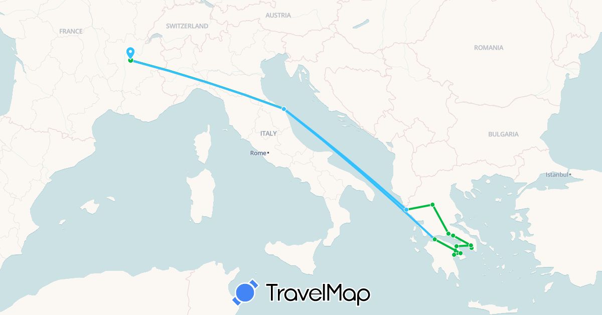TravelMap itinerary: bus, boat in France, Greece, Italy (Europe)